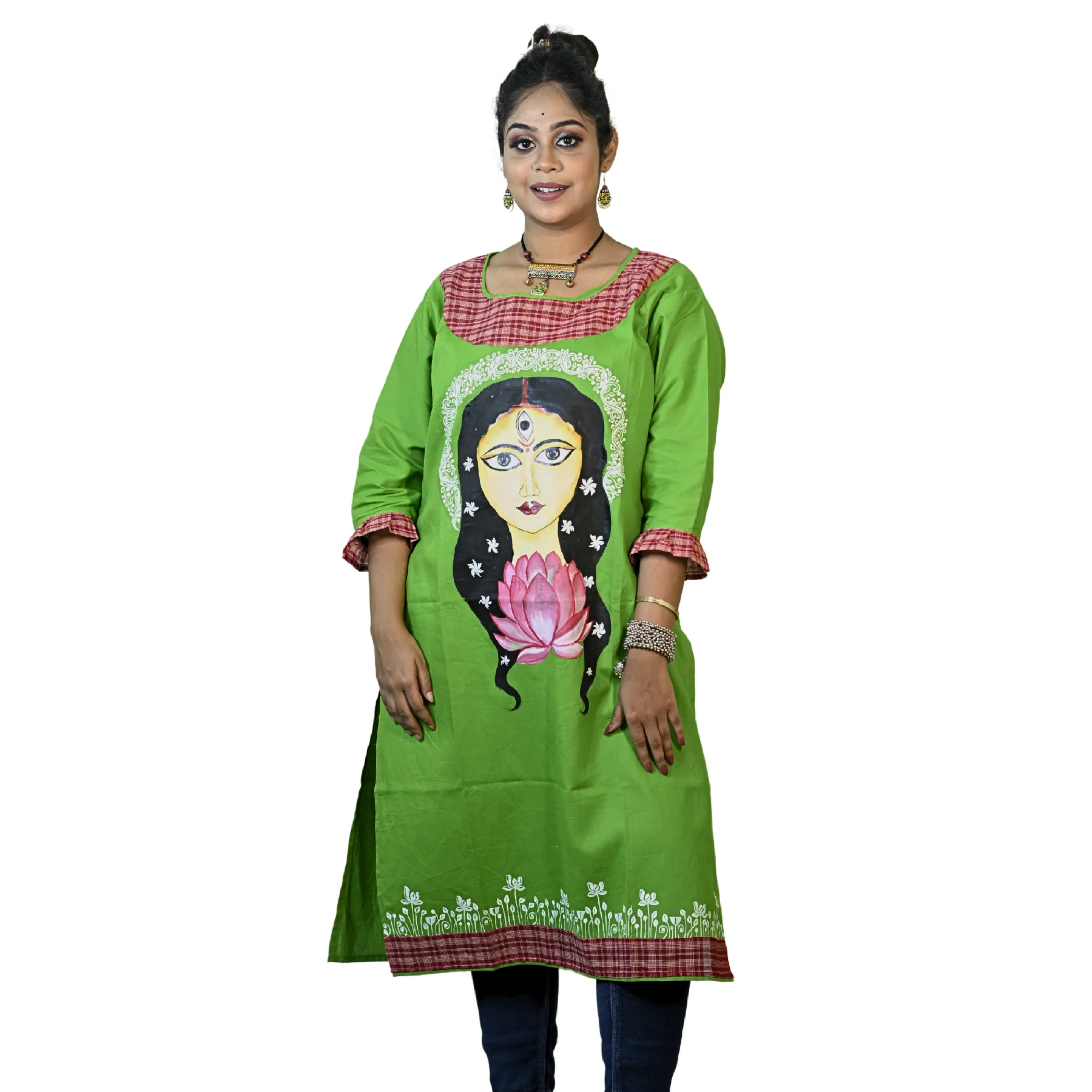 Light Green Round Neck Gamcha & Kolka Design Cotton Kurti