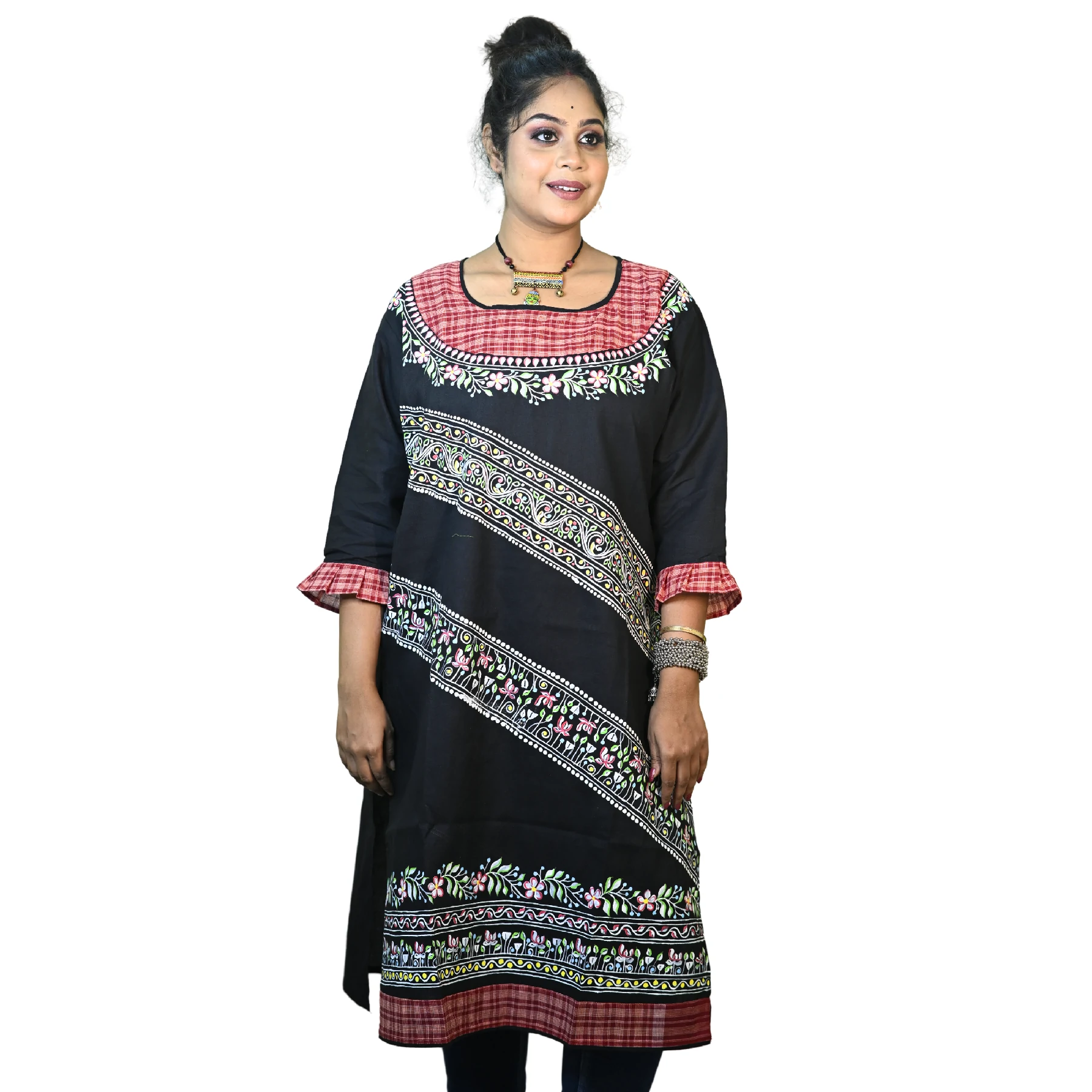 Black Round Neck Gamcha & Kolka Design Cotton Kurti - Bangabasi