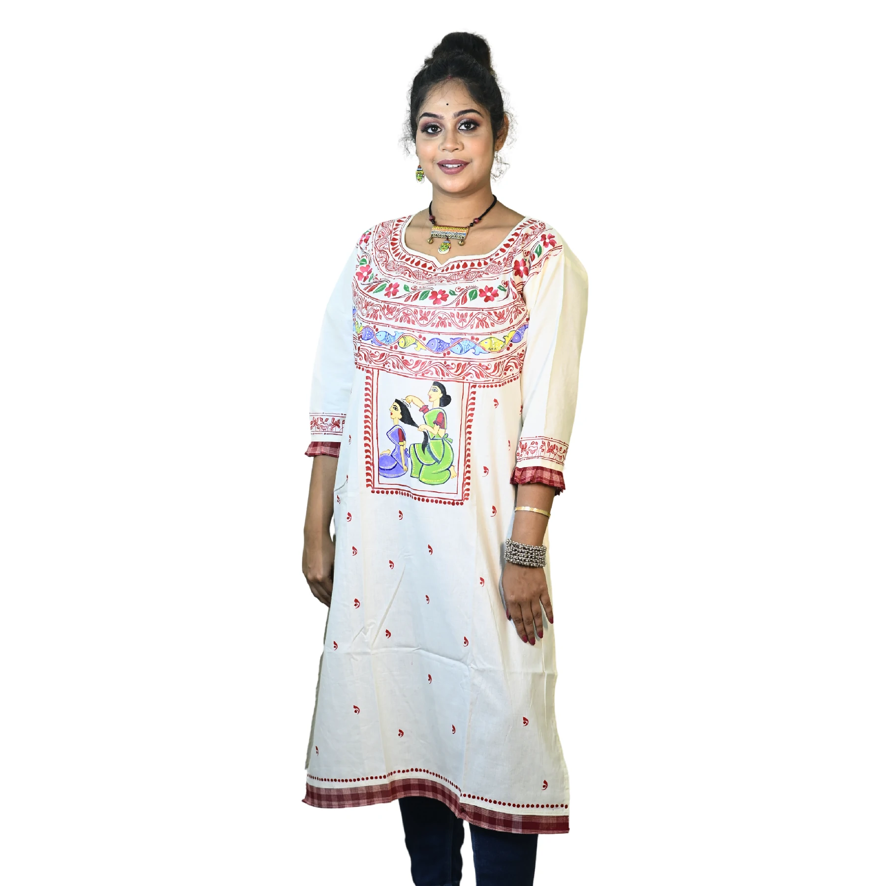Off White Gamcha & Kolka Design Cotton Round Neck Kurti - Bangabasi
