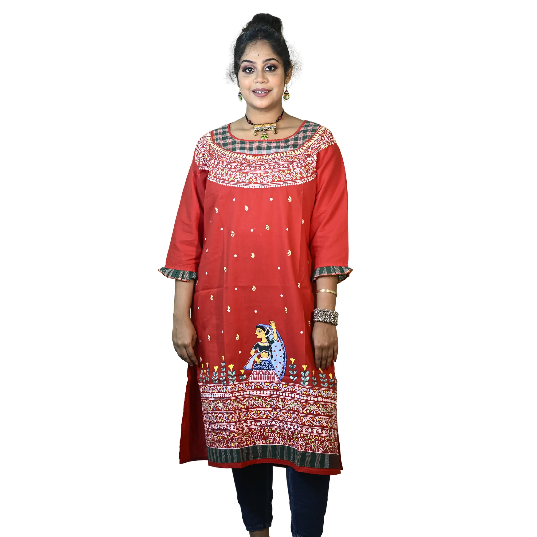 Gamcha & Kolka Design Cotton Round Neck Kurti (Red)- Bangabasi