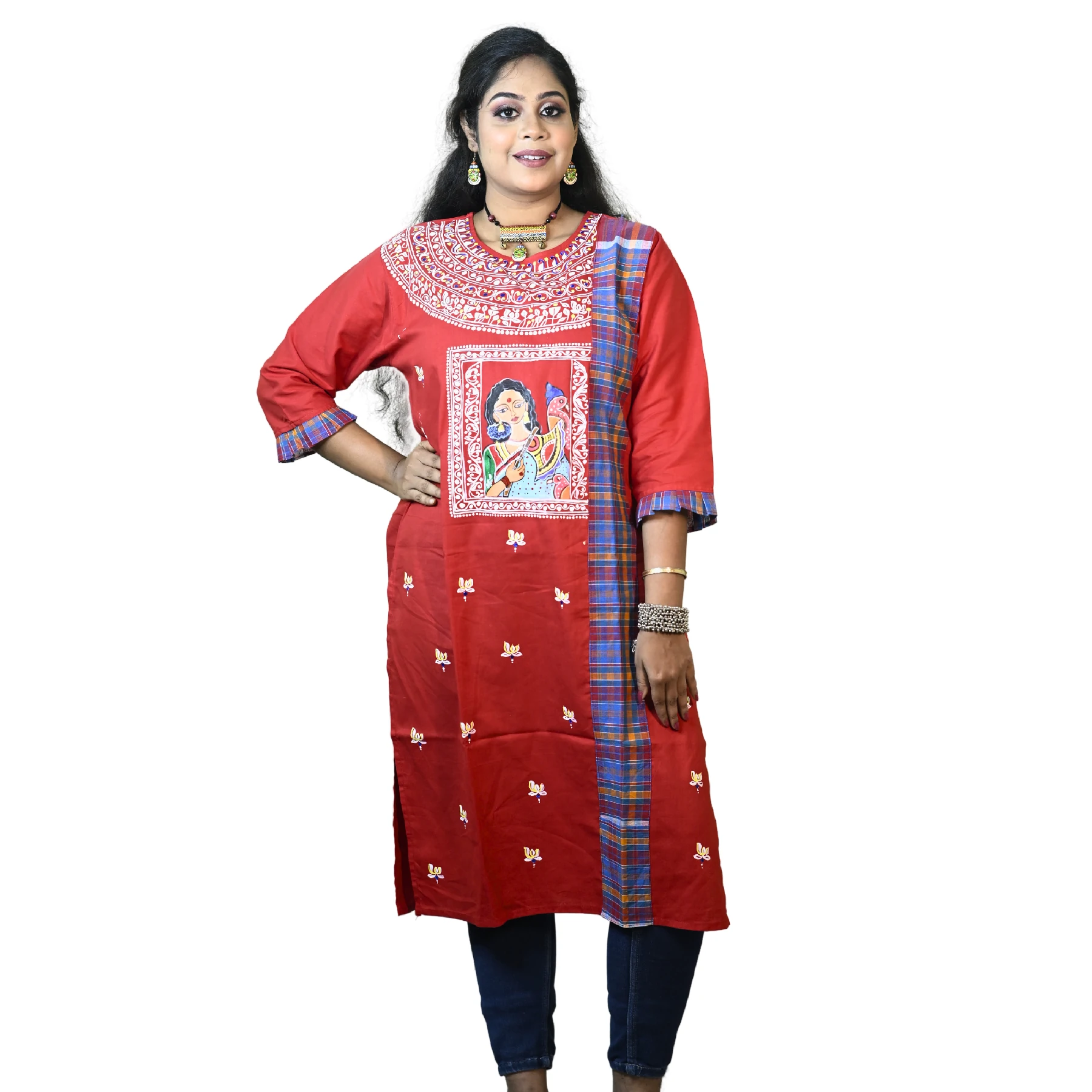 Red Kurti Gamcha & Kolka Design Cotton Round Neck - Bangabasi