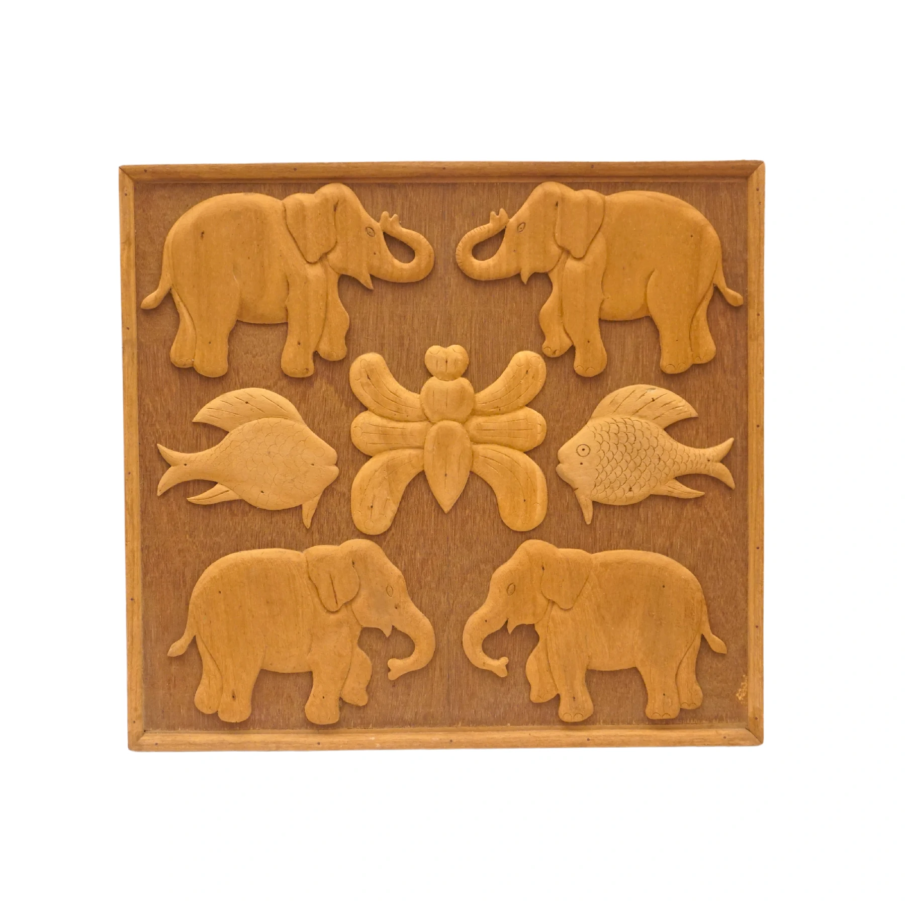 Wooden Elephant & Fish Wall Decor, Handmade Wood Carving Elephant Art, Elephant and Fish Statue Hanging Art