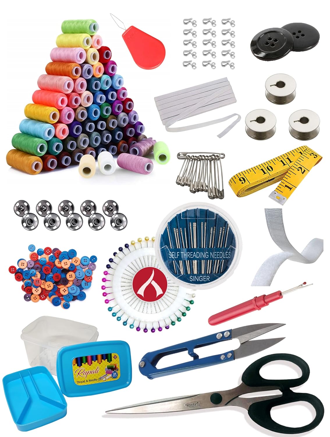 Double Layer Tailoring Sewing Kit Box with 24 Thread Spool,Needles,Measure Tape, Dress & Trouser Hook,Bobbins,Shirt Buttons,Seam Ripper,Scissors