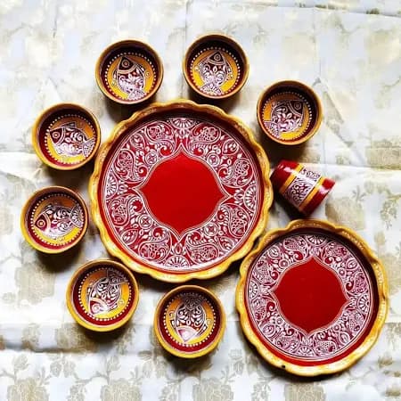 Clay Made Handpainted Thali Set With Bowl And Glass