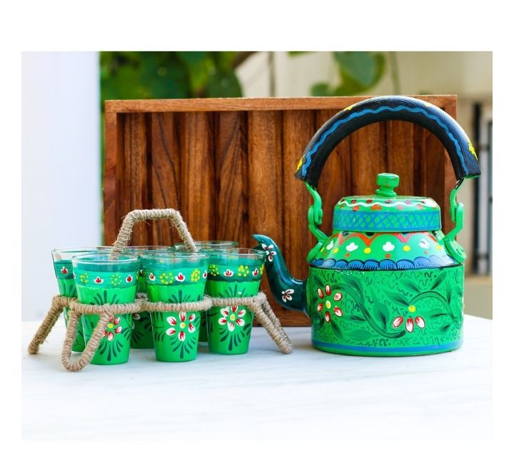 Traditional Hand painted Aluminium Colourfull Decorative Tea Kettle with 6 Glasses and 1 Holder