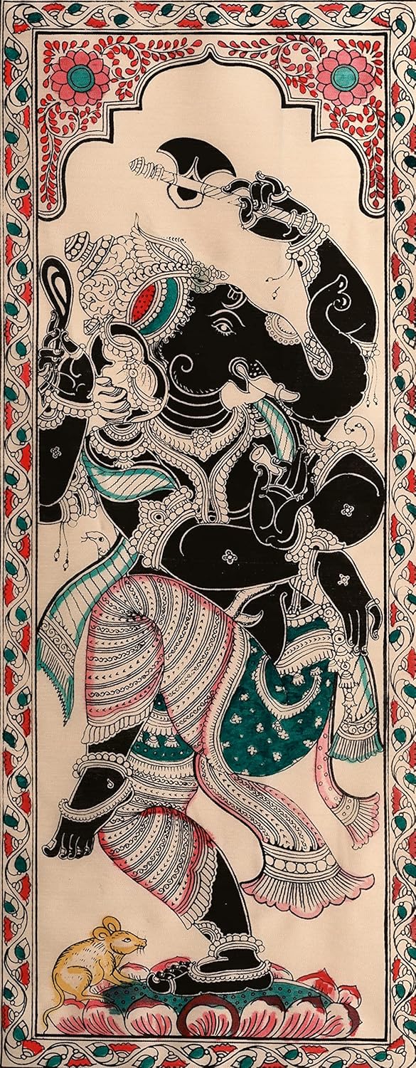 Hand made painting, Pattachitra Hand painted art, Dancing Lord Ganesha in Green outfit Unframed on Silk Cloth Hand painted