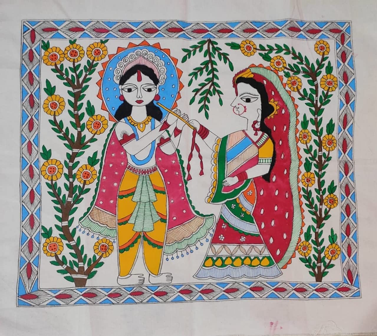 Radha Krishna Madhubani Painting Handmade Painting On Cloth Without Frame