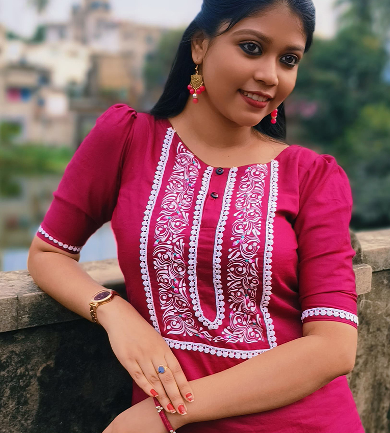 Hand-Embroidered Cotton Kurti - Gulabi Phool